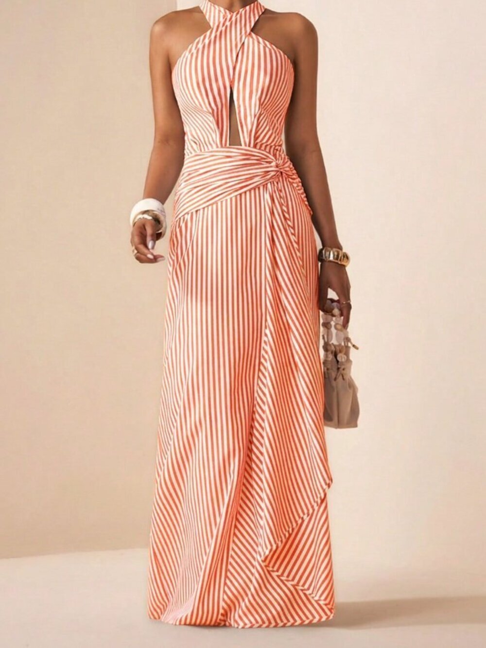 Orange Sexy Women's Striped Maxi Dress with Halter Neck and Waist Tie - Picture 3 of 7